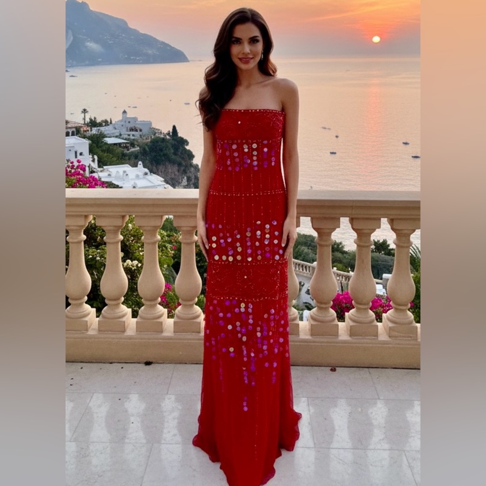 Elegant Red Attitudes by Debra hand‎ beaded Strapless Evening Dress